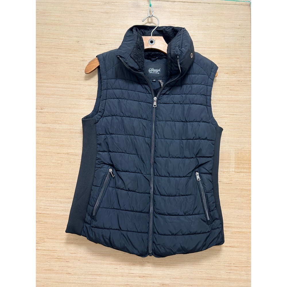 Special One Womens Black Quilted Puffer Vest‎ Sherpa Collar Zip Pockets Size L